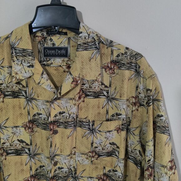Vintage Ocean Pacific Shirt Mens Large Yellow Hawaiian All Over Print Button Up - Picture 1 of 8